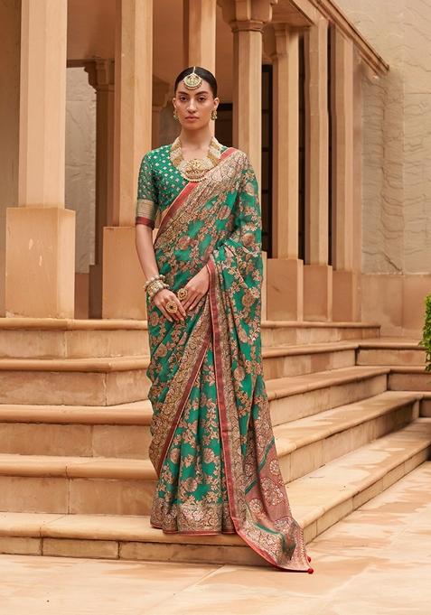 Rama Green Jacquard Brasso Saree Set