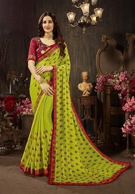 Green Printed Georgette Saree Set