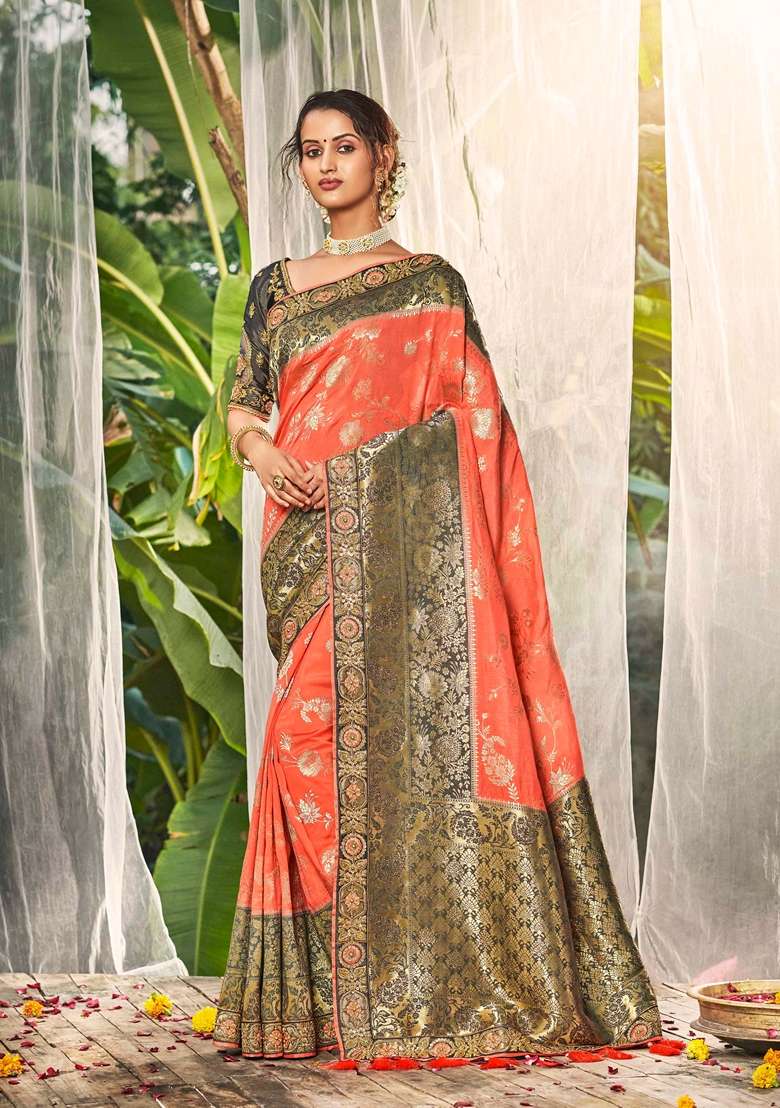 Orange Woven Dola Silk Blend Saree Set - Indya