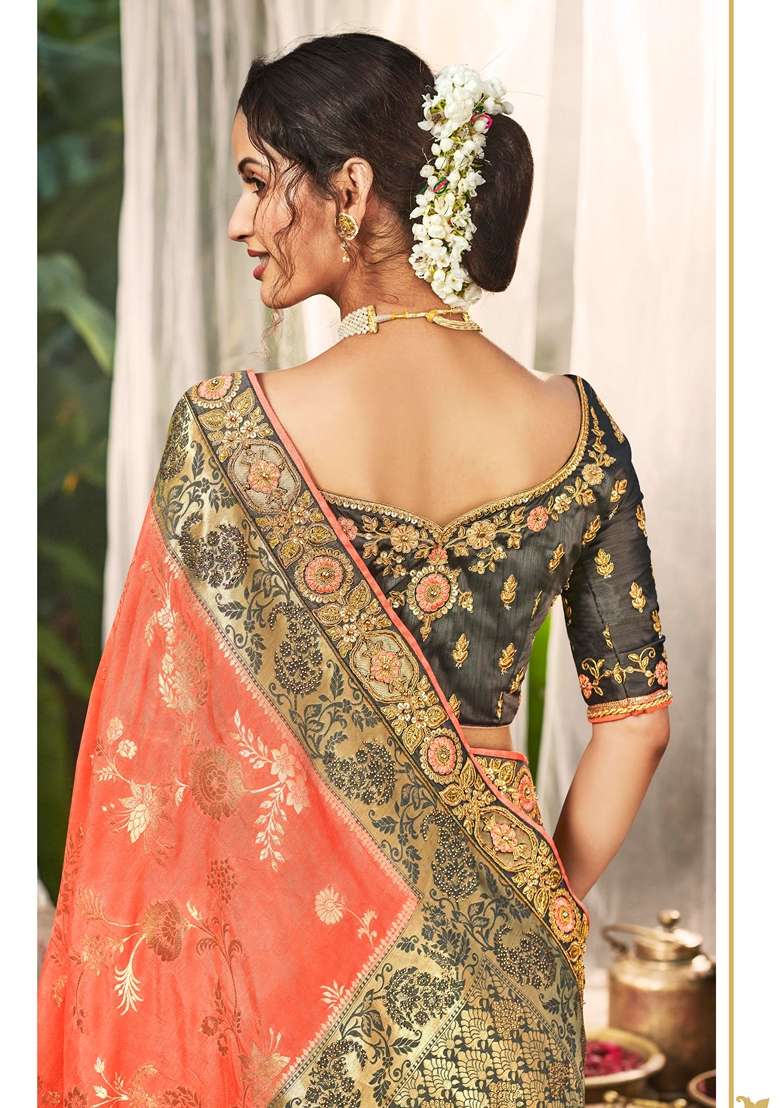 Orange Woven Dola Silk Blend Saree Set - Indya