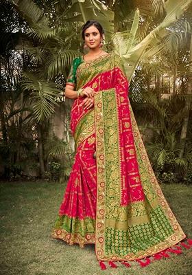 Dark Pink Woven Dola Silk Saree Set