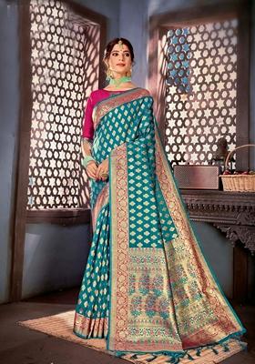 Blue Zari Woven Art Silk Saree Set