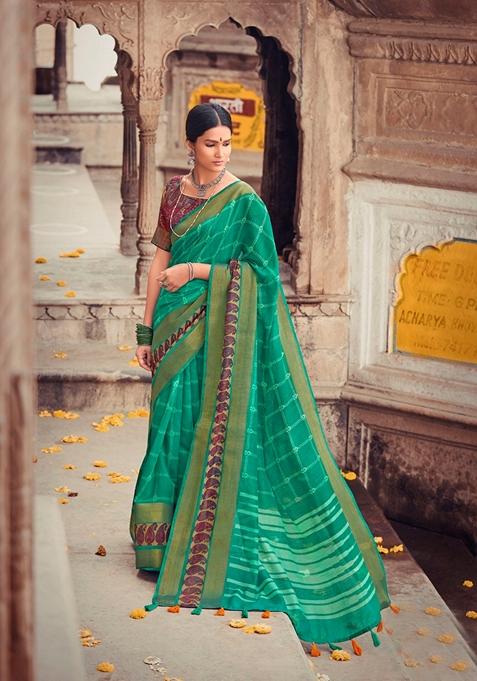 Green Printed Cotton Silk Saree Set