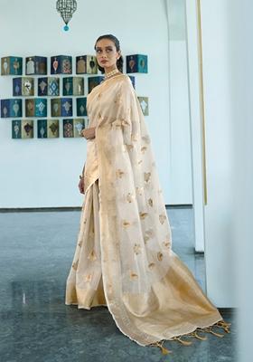 Beige Woven Satin Silk Blend Saree Set