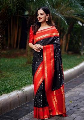 Black Jacquard Banarasi Silk Saree Set