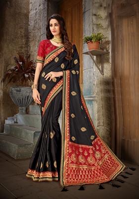 Black Embroidered Art Silk Saree Set