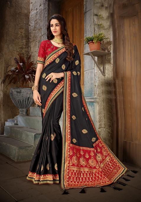 Black Embroidered Art Silk Saree Set
