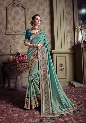 Sky Blue Embroidered Silk Saree Set