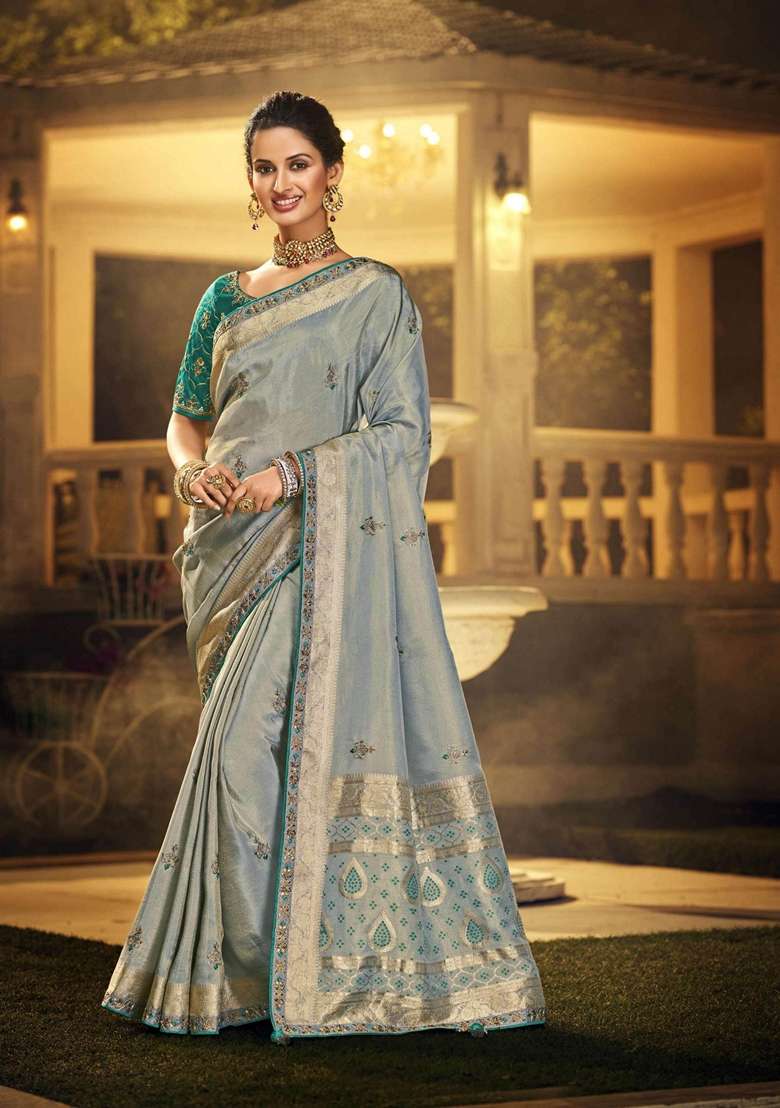 Light Sky Blue Embroidered Silk Blend Saree Set - Indya