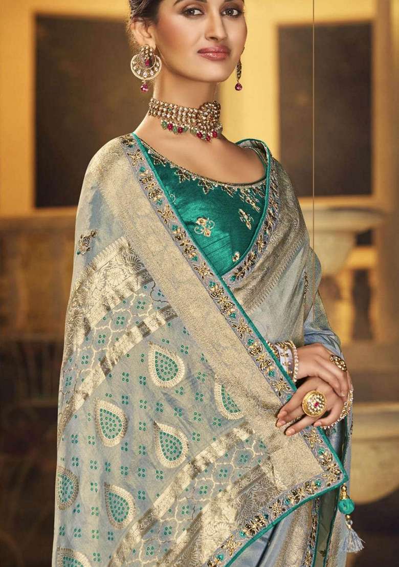 Light Sky Blue Embroidered Silk Blend Saree Set - Indya