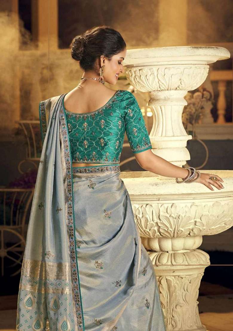 Light Sky Blue Embroidered Silk Blend Saree Set - Indya