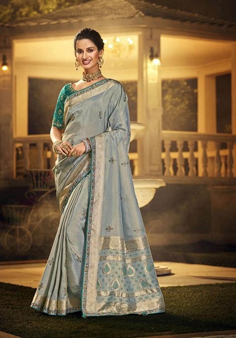 Light Sky Blue Embroidered Silk Saree Set