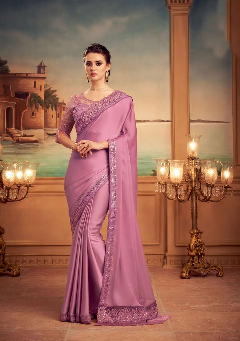 Pink Sequin Embroidered Silk Blend Saree Set for Diwali and Festive Wear - Indya
