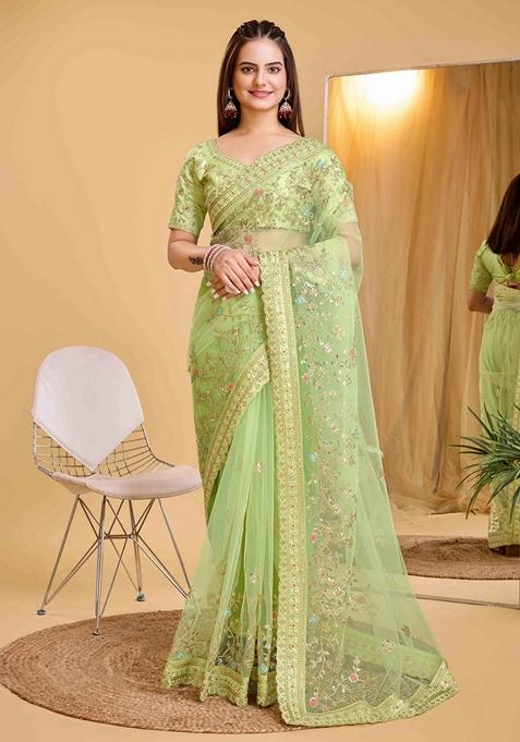 Pista Green Embroidered Soft Net Saree Set