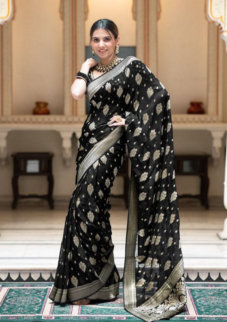 Black Jacquard Banarasi Silk Saree Set