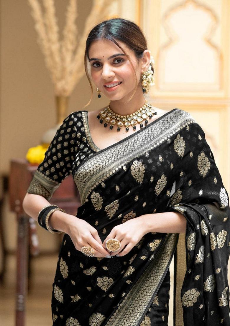 Black Jacquard Banarasi Silk Saree Set