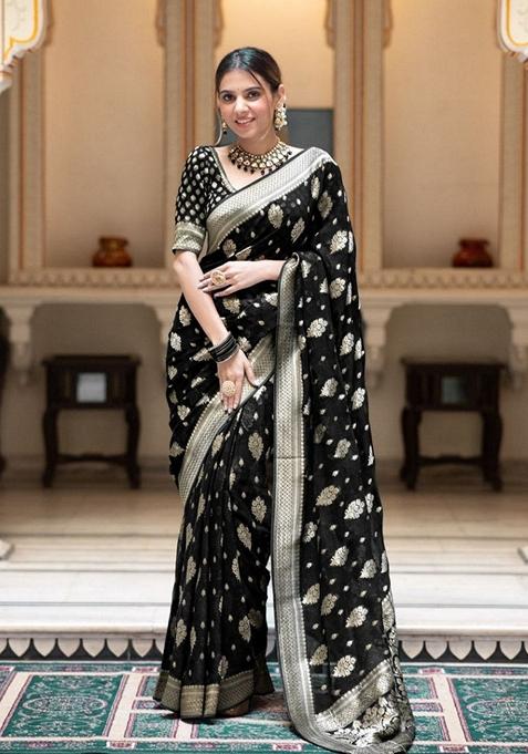 Black Jacquard Banarasi Silk Saree Set