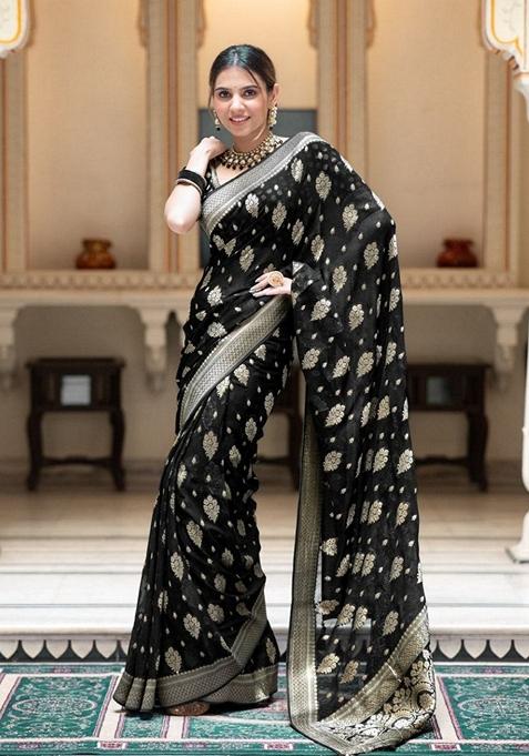 Black Jacquard Banarasi Silk Saree Set