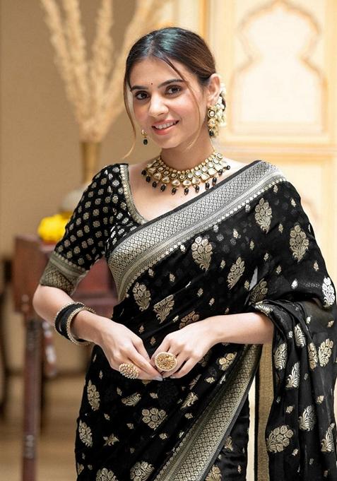 Black Jacquard Banarasi Silk Saree Set