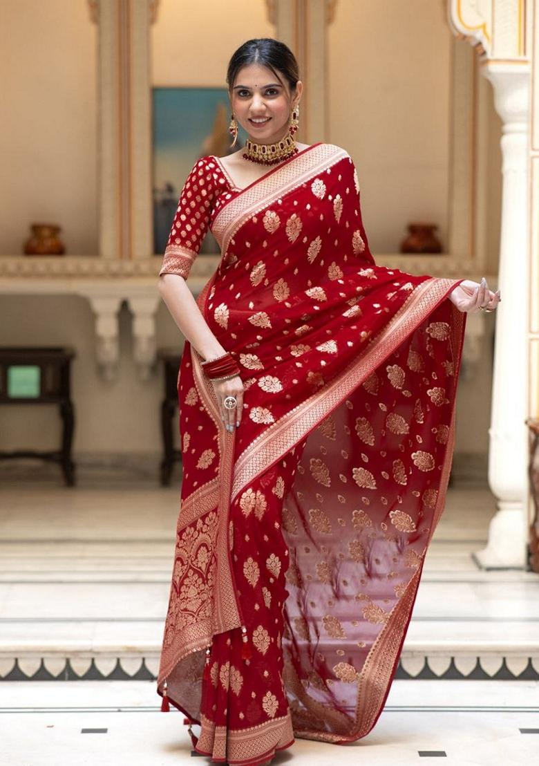 Red Jacquard Banarasi Silk Saree Set