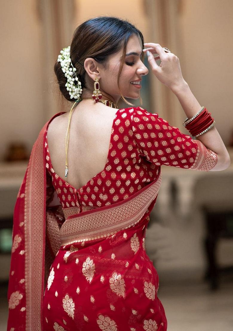 Red Jacquard Banarasi Silk Saree Set