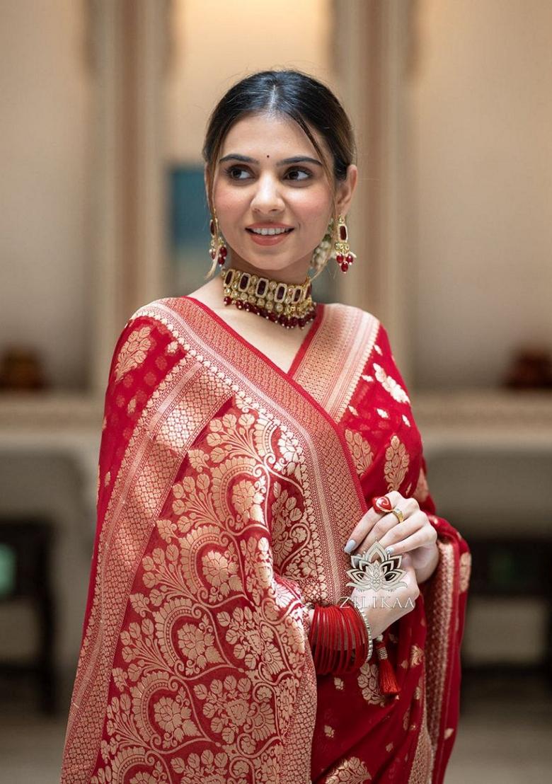 Red Jacquard Banarasi Silk Saree Set