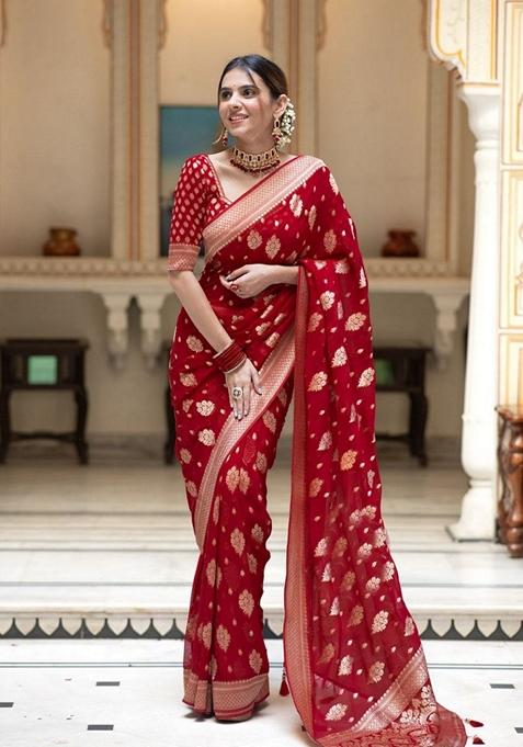 Red Jacquard Banarasi Silk Saree Set