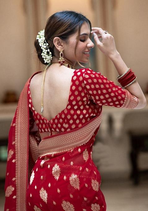 Red Jacquard Banarasi Silk Saree Set