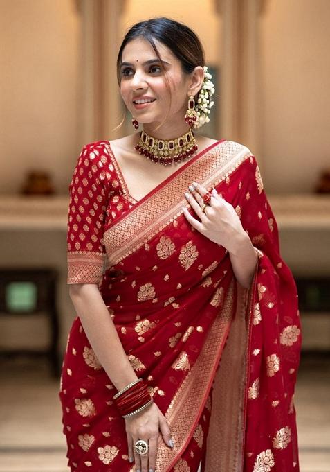 Red Jacquard Banarasi Silk Saree Set