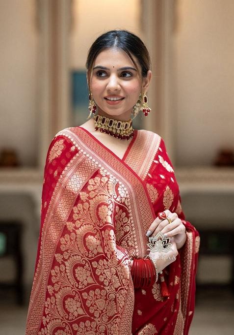 Red Jacquard Banarasi Silk Saree Set