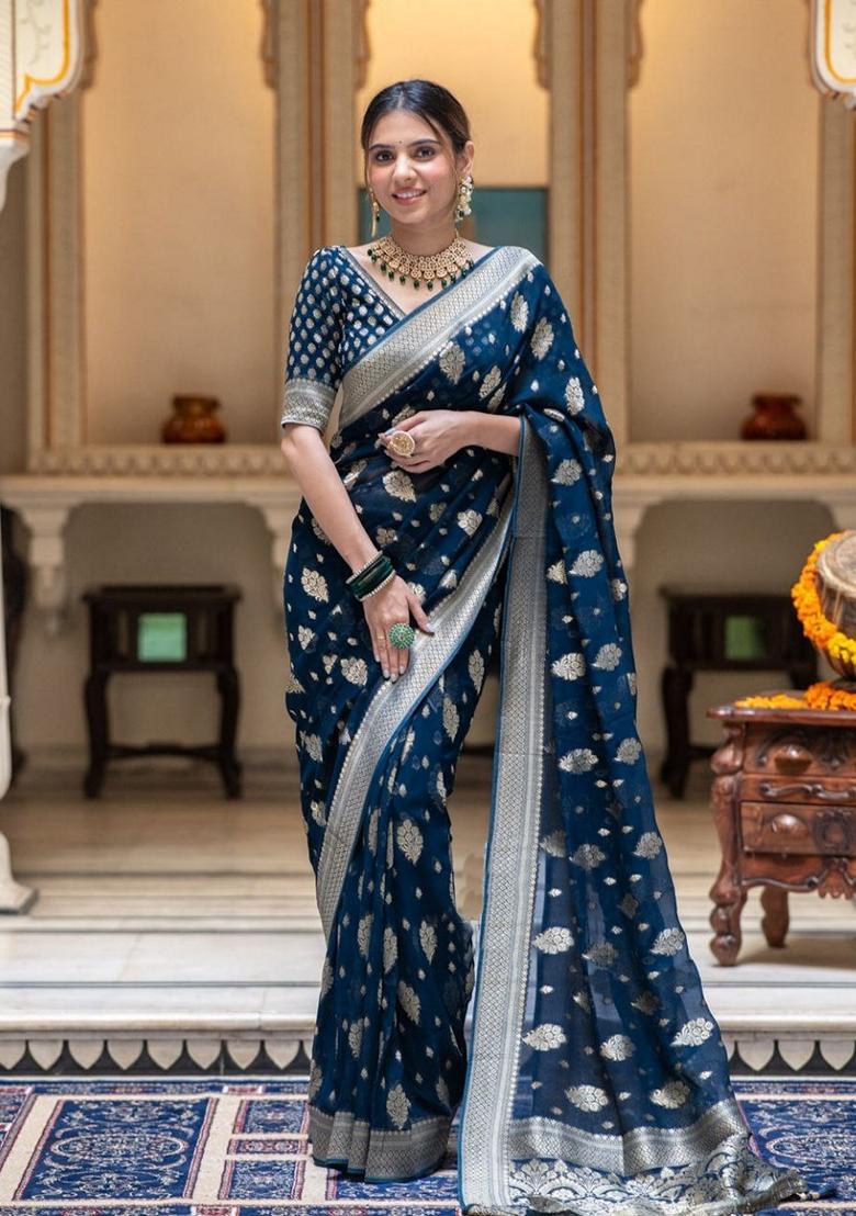 Teal Jacquard Banarasi Silk Saree Set