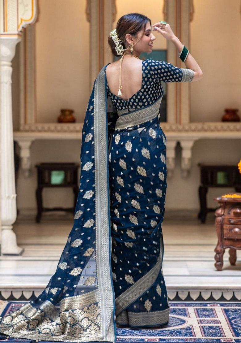Teal Jacquard Banarasi Silk Saree Set