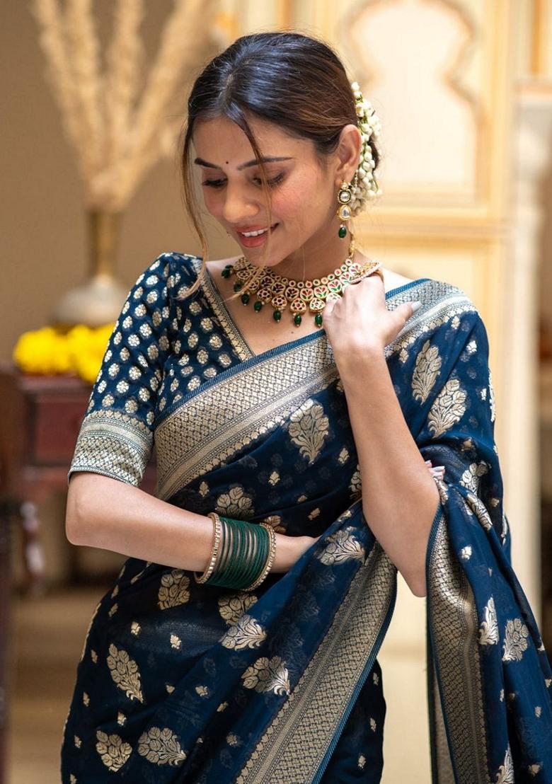 Teal Jacquard Banarasi Silk Saree Set