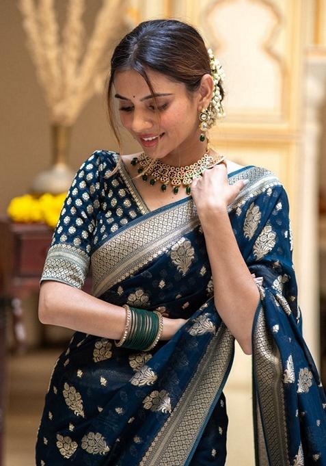 Teal Jacquard Banarasi Silk Saree Set