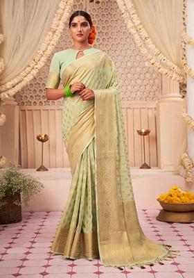 Pista Green Jacquard Banarasi Silk Saree Set