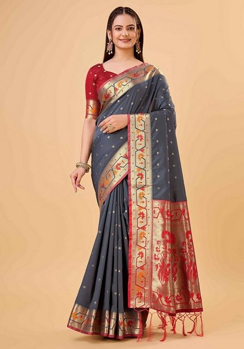 Grey Jacquard Banarasi Silk Saree Set