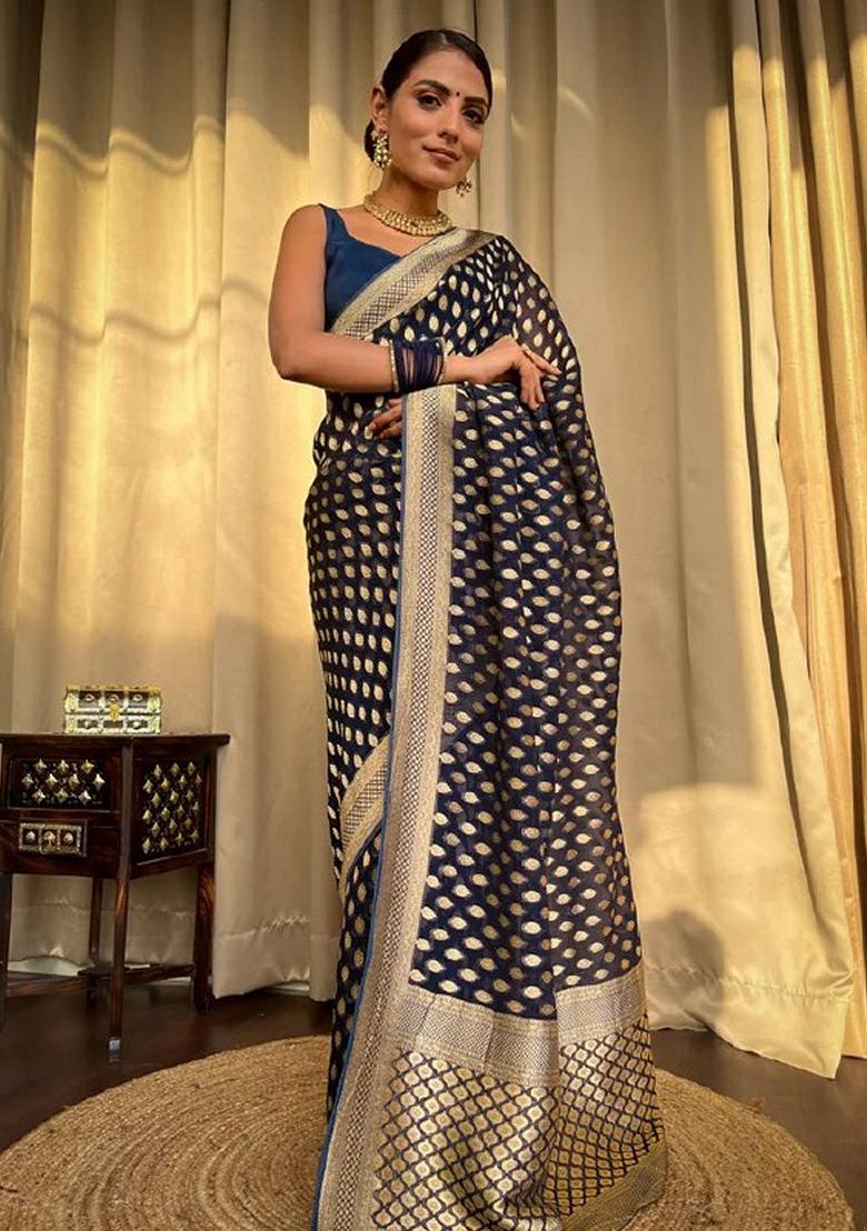 Navy Blue Jacquard Banarasi Silk Saree Set