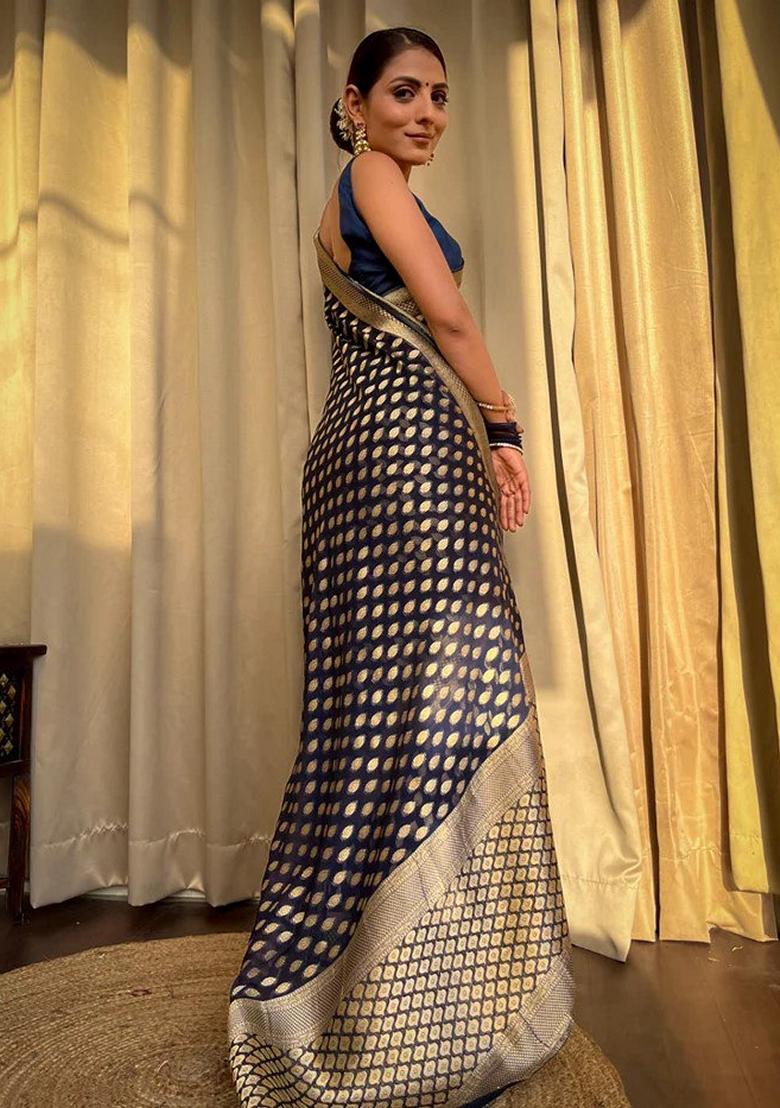 Navy Blue Jacquard Banarasi Silk Saree Set