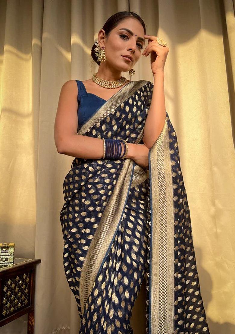 Navy Blue Jacquard Banarasi Silk Saree Set