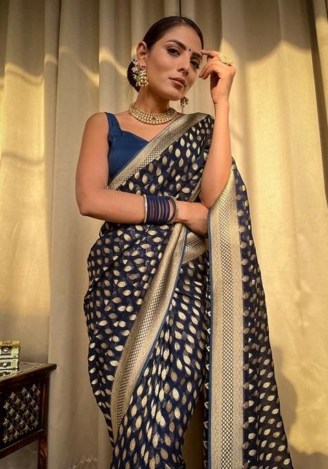Navy Blue Jacquard Banarasi Silk Saree Set