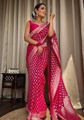 Rani Pink Jacquard Banarasi Silk Saree Set