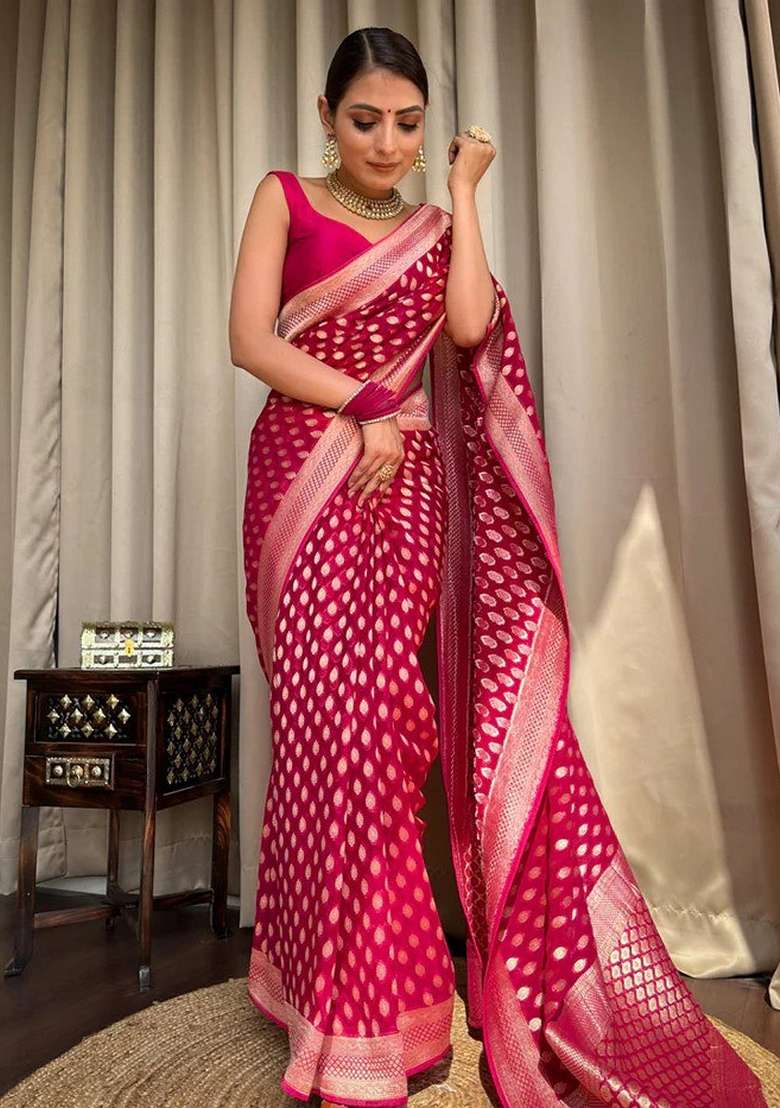 Rani Pink Jacquard Banarasi Silk Saree Set - Indya