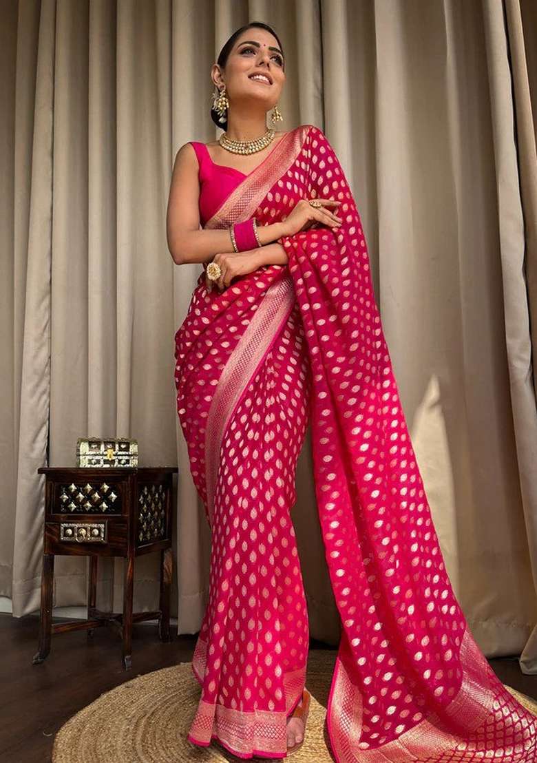 Rani Pink Jacquard Banarasi Silk Saree Set - Indya