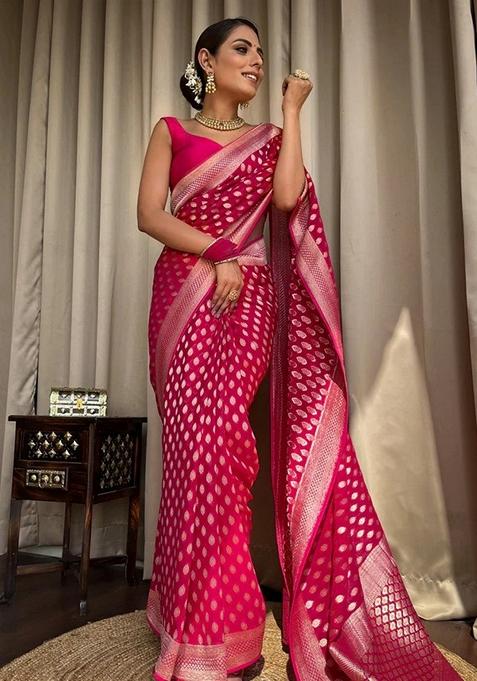 Rani Pink Jacquard Banarasi Silk Saree Set