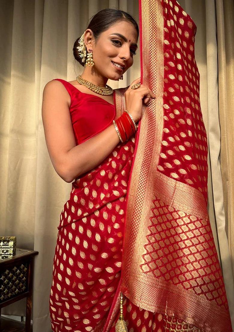 Red Jacquard Banarasi Silk Saree Set