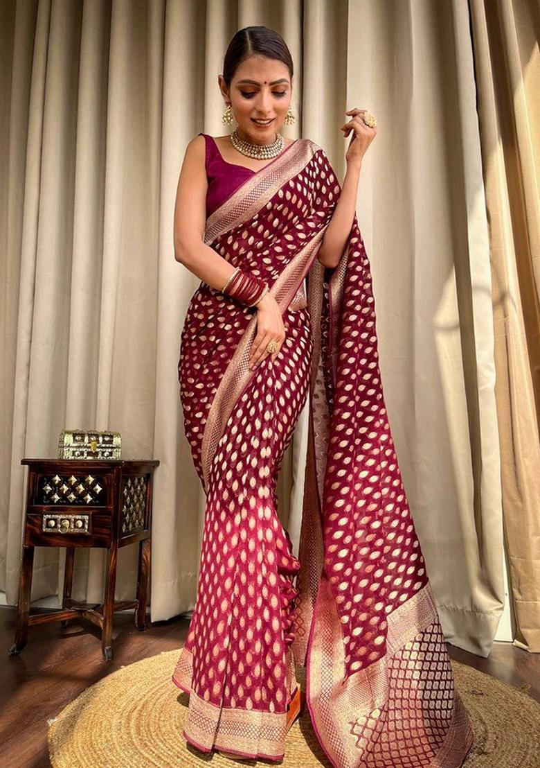 Wine Jacquard Banarasi Silk Saree Set