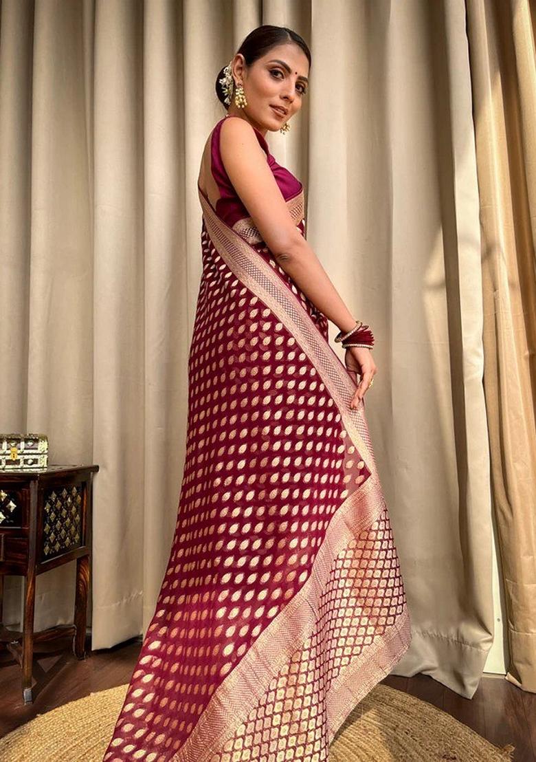 Wine Jacquard Banarasi Silk Saree Set