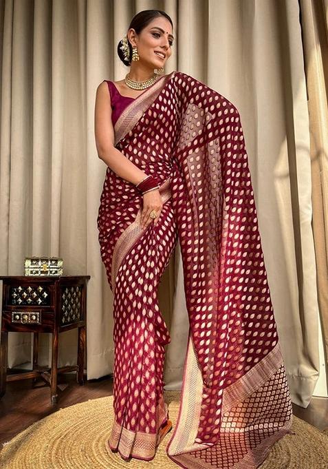 Wine Jacquard Banarasi Silk Saree Set