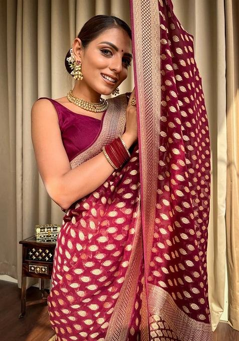 Wine Jacquard Banarasi Silk Saree Set