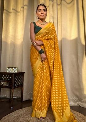 Yellow Jacquard Banarasi Silk Saree Set